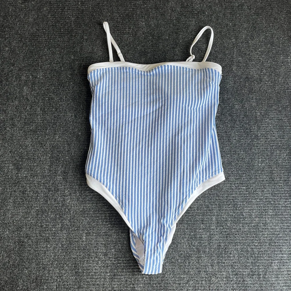 Abercrombie & Fitch 1 Piece Swimsuit Womens L Blue White Seersucker Striped NWOT